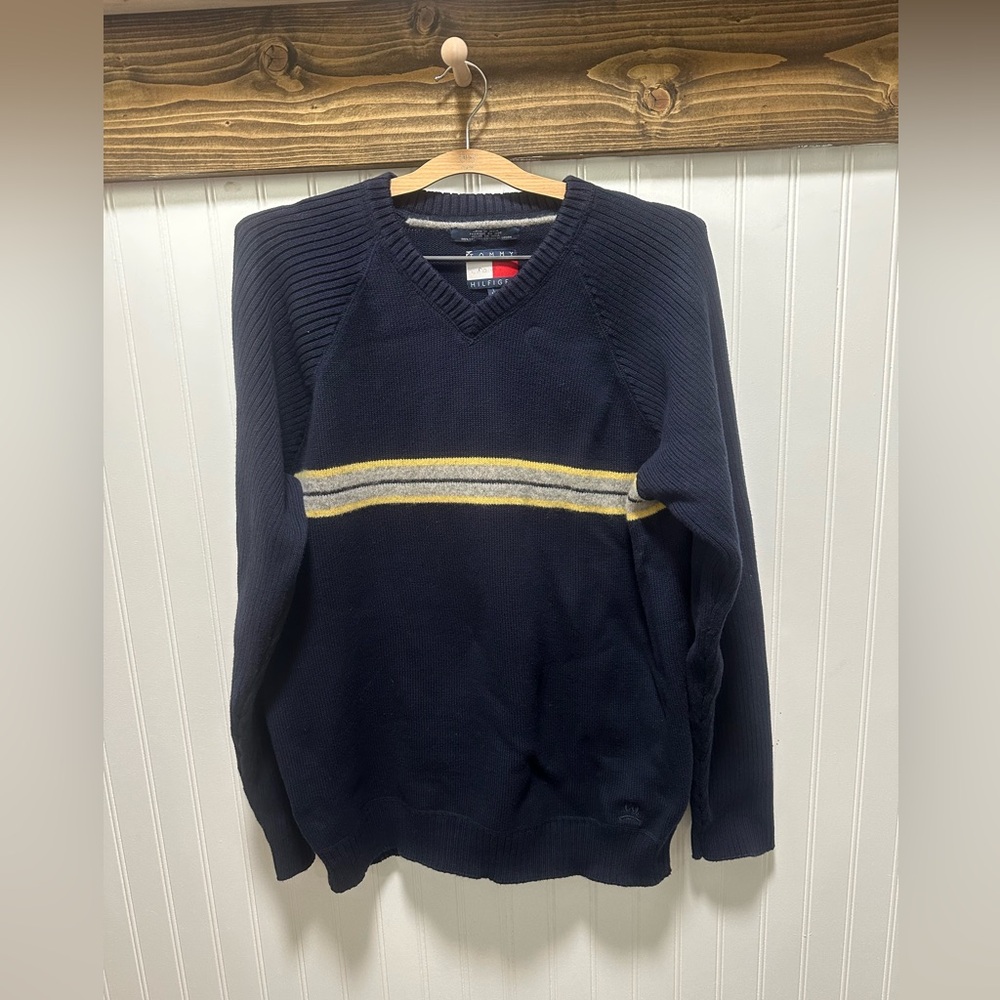 Vtg 90s Y2K Tommy Hilfiger Navy Stripe Long Sz L Dad Preppy School